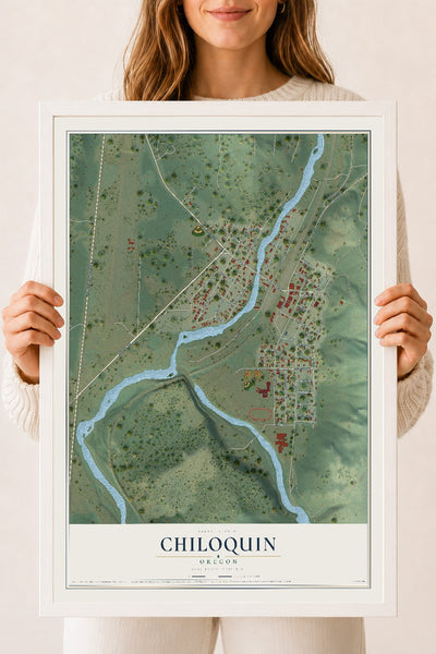 Map of Chiloquin, Oregon, 18 x 24 inch print in a white wood frame