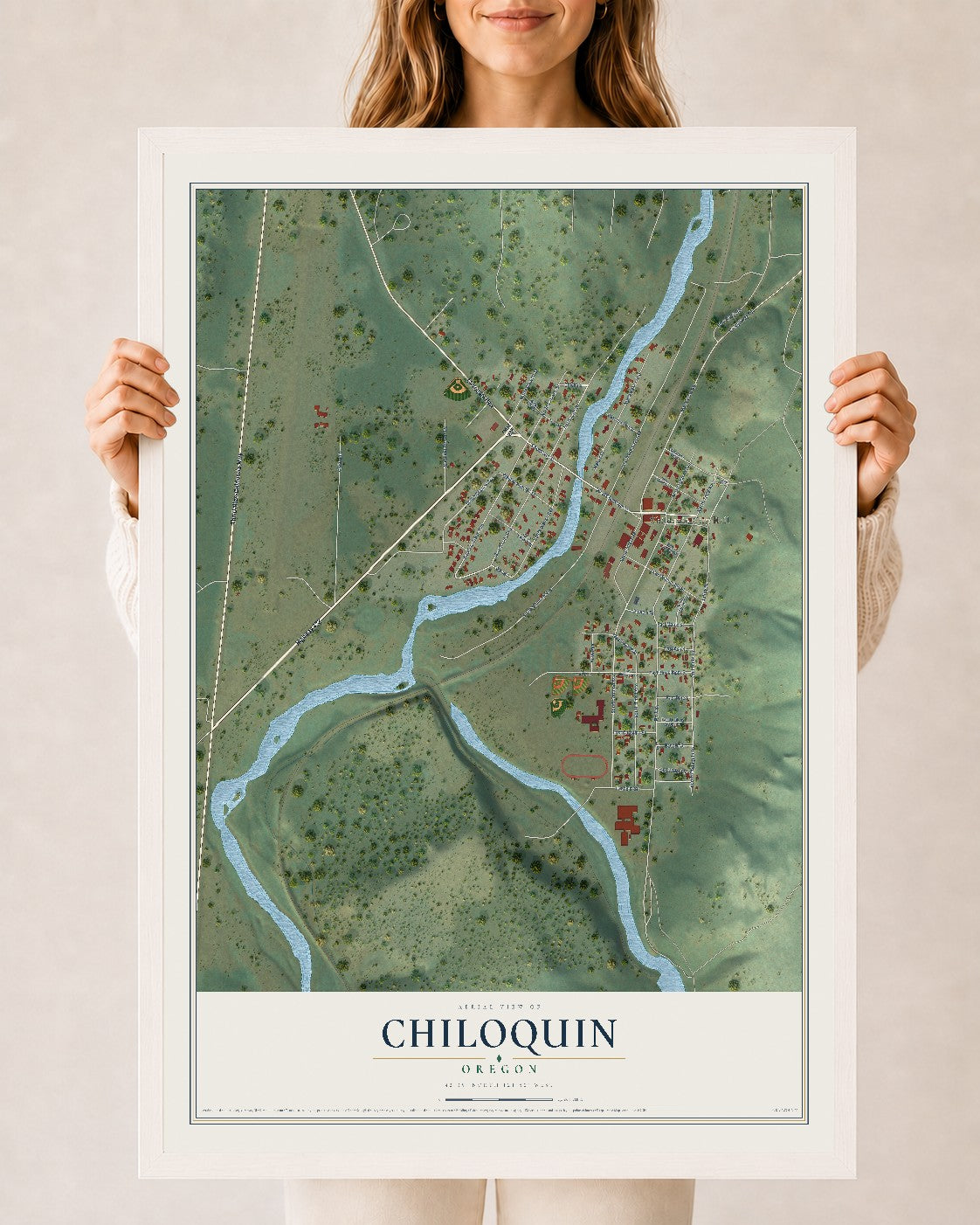 Map of Chiloquin, Oregon, 24 x 36 inch print in a white wood frame