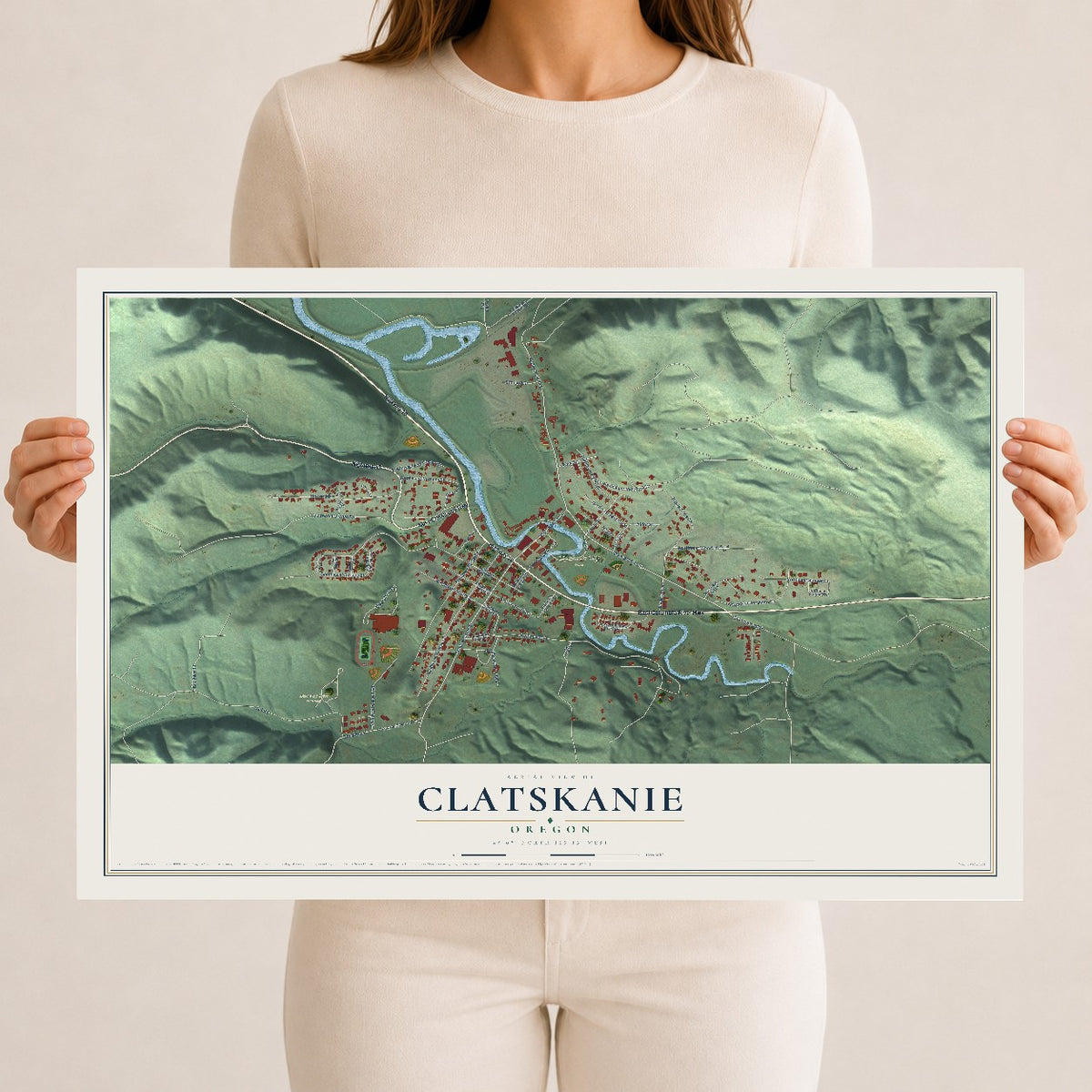 Map of Clatskanie, Oregon, 12 x 18 inch unframed archival matte print