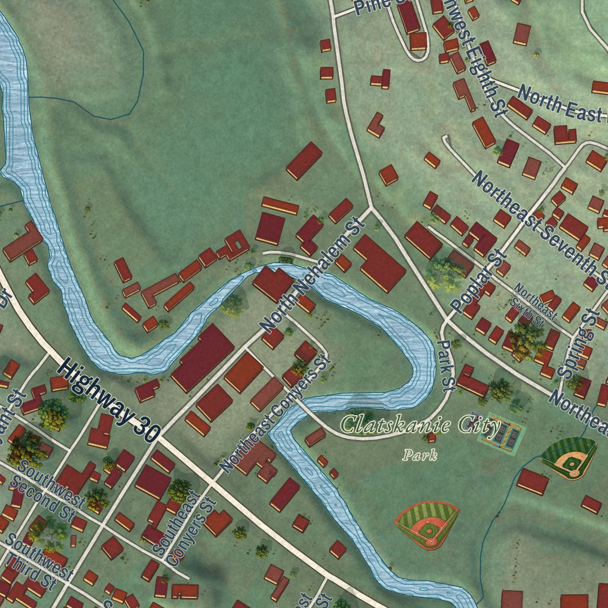 Close-up of the map of Clatskanie, Oregon print showing street and building detail