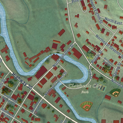 Close-up of the map of Clatskanie, Oregon print showing street and building detail
