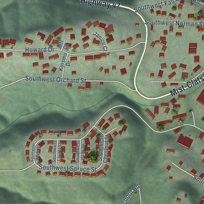 Second close-up of the map of Clatskanie, Oregon print showing more streets and buildings