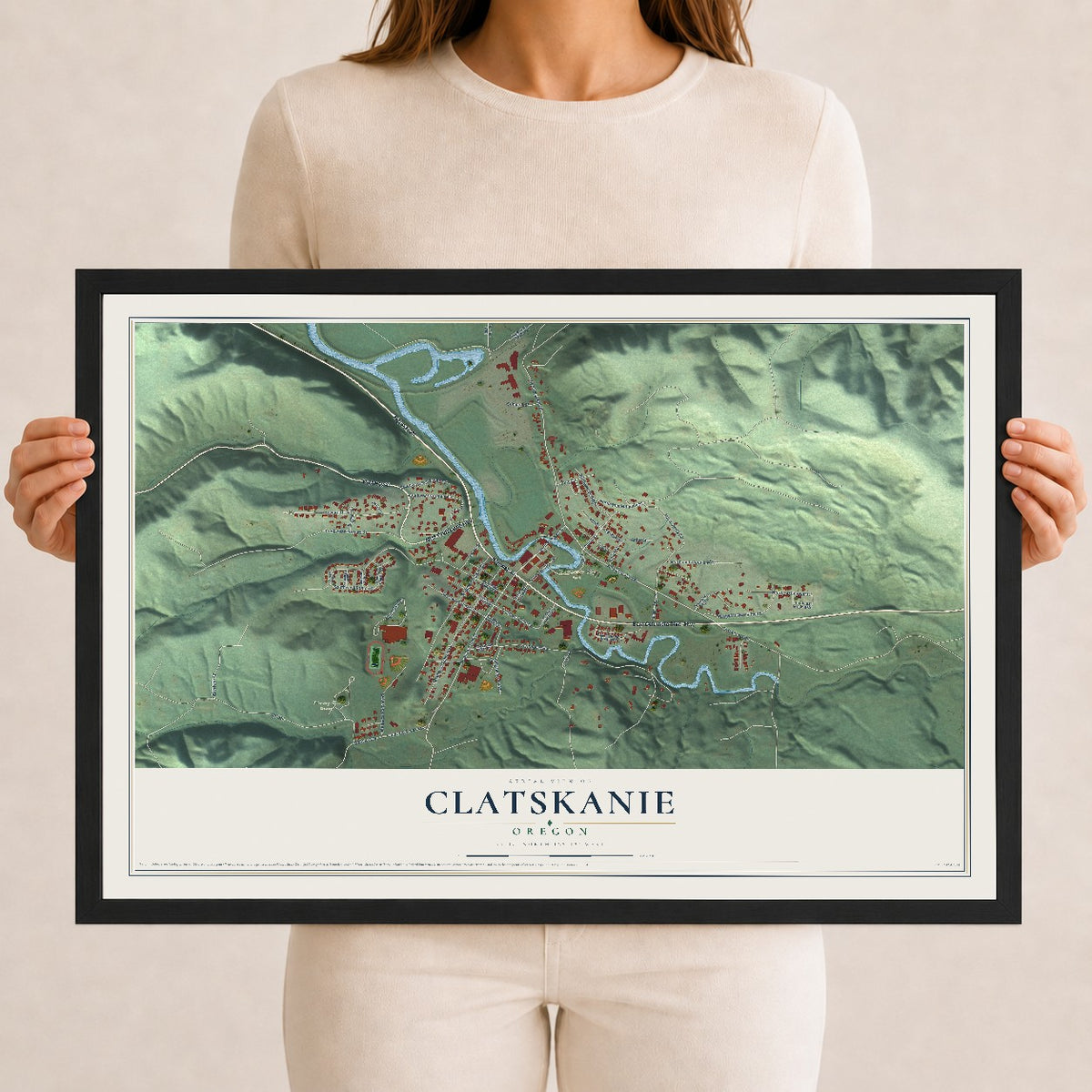 Map of Clatskanie, Oregon, 12 x 18 inch print in a black wood frame