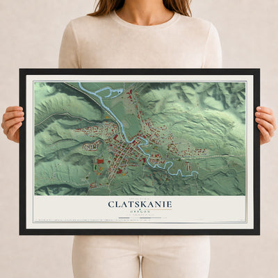 Map of Clatskanie, Oregon, 12 x 18 inch print in a black wood frame