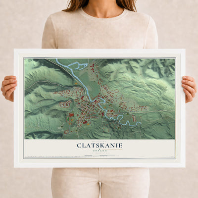 Map of Clatskanie, Oregon, 12 x 18 inch print in a white wood frame
