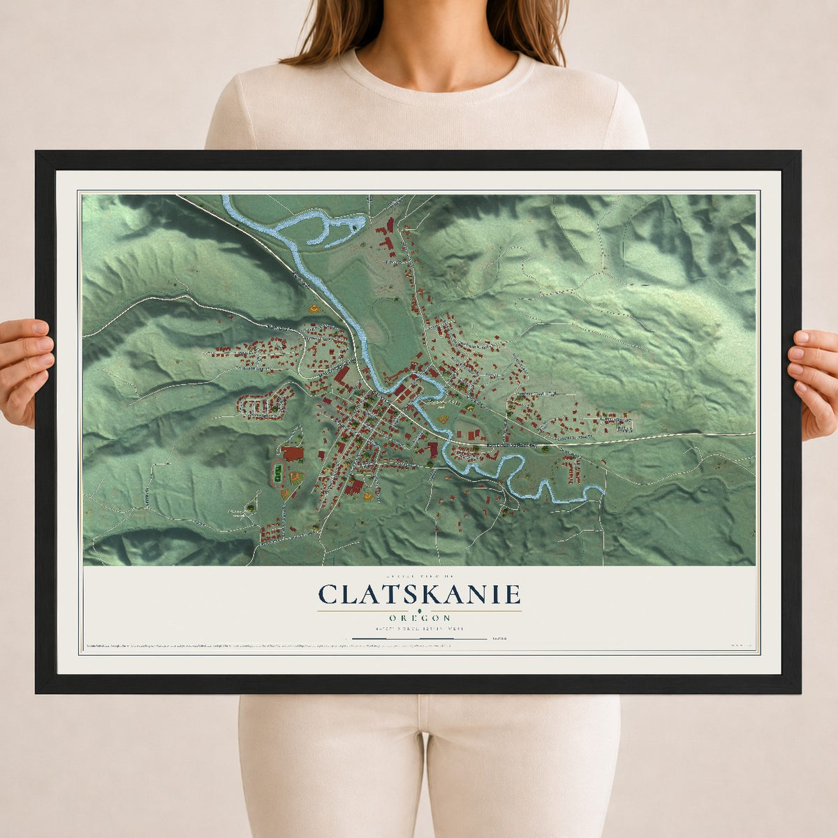 Map of Clatskanie, Oregon, 18 x 24 inch print in a black wood frame