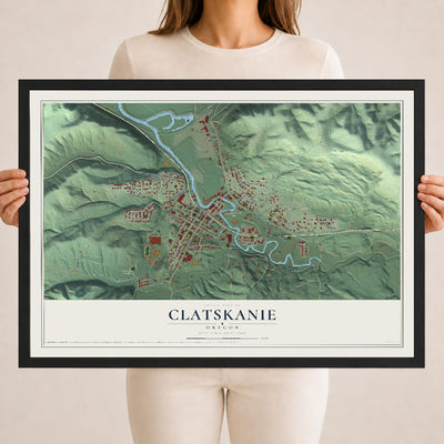 Map of Clatskanie, Oregon, 18 x 24 inch print in a black wood frame