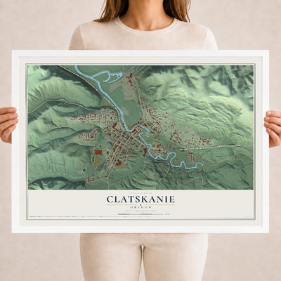 Map of Clatskanie, Oregon, 18 x 24 inch print in a white wood frame
