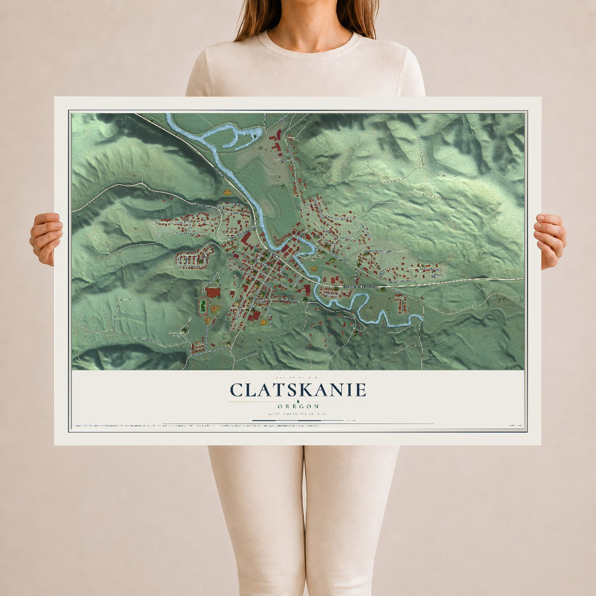 Map of Clatskanie, Oregon, 24 x 36 inch unframed archival matte print