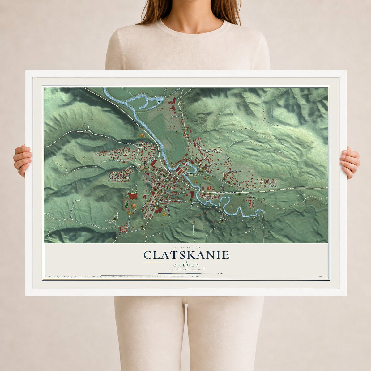 Map of Clatskanie, Oregon, 24 x 36 inch print in a white wood frame