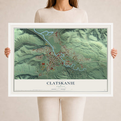 Map of Clatskanie, Oregon, 24 x 36 inch print in a white wood frame