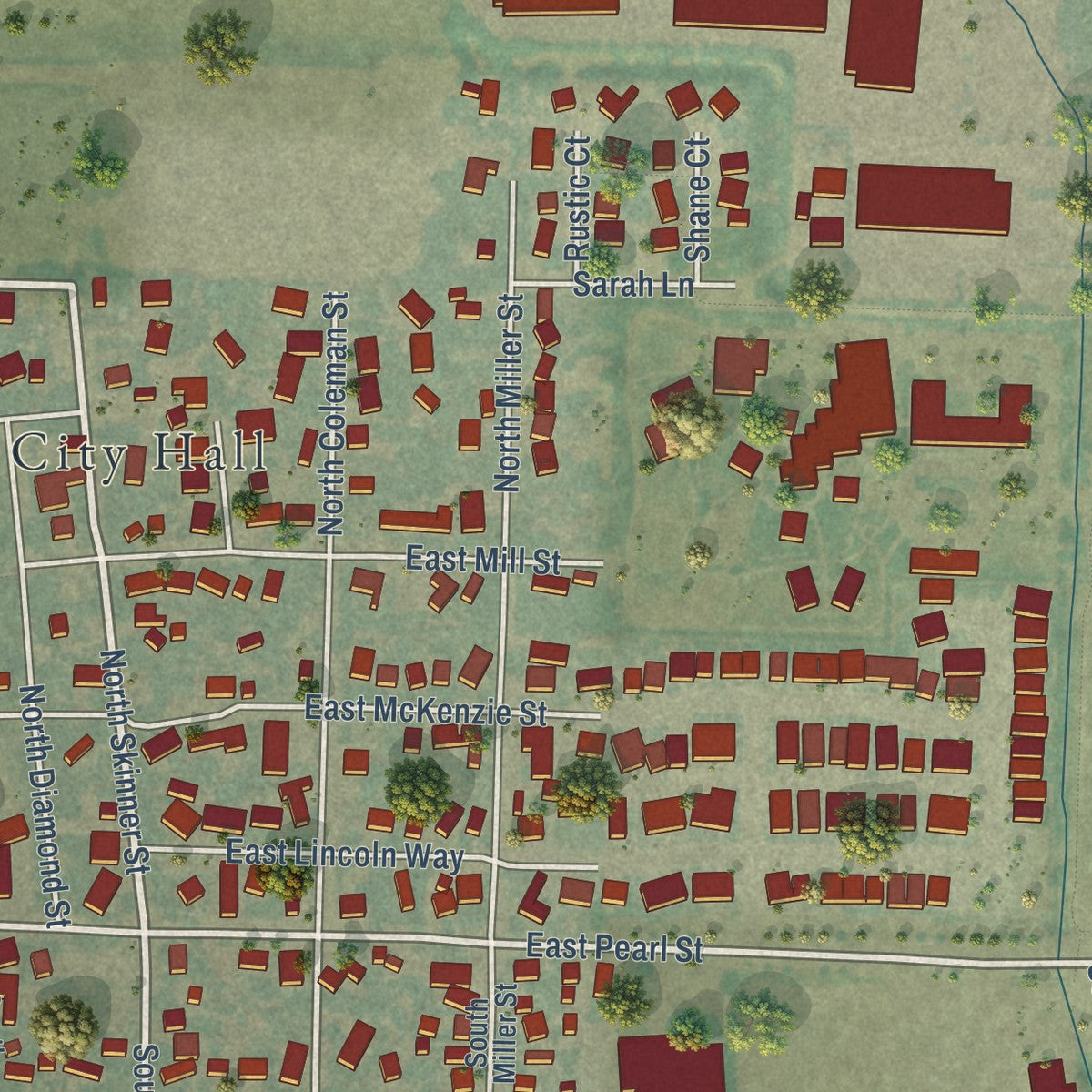 Close-up of the map of Coburg, Oregon print showing street and building detail