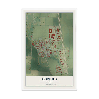 Map of Coburg, Oregon, 12 x 18 inch print in a white wood frame