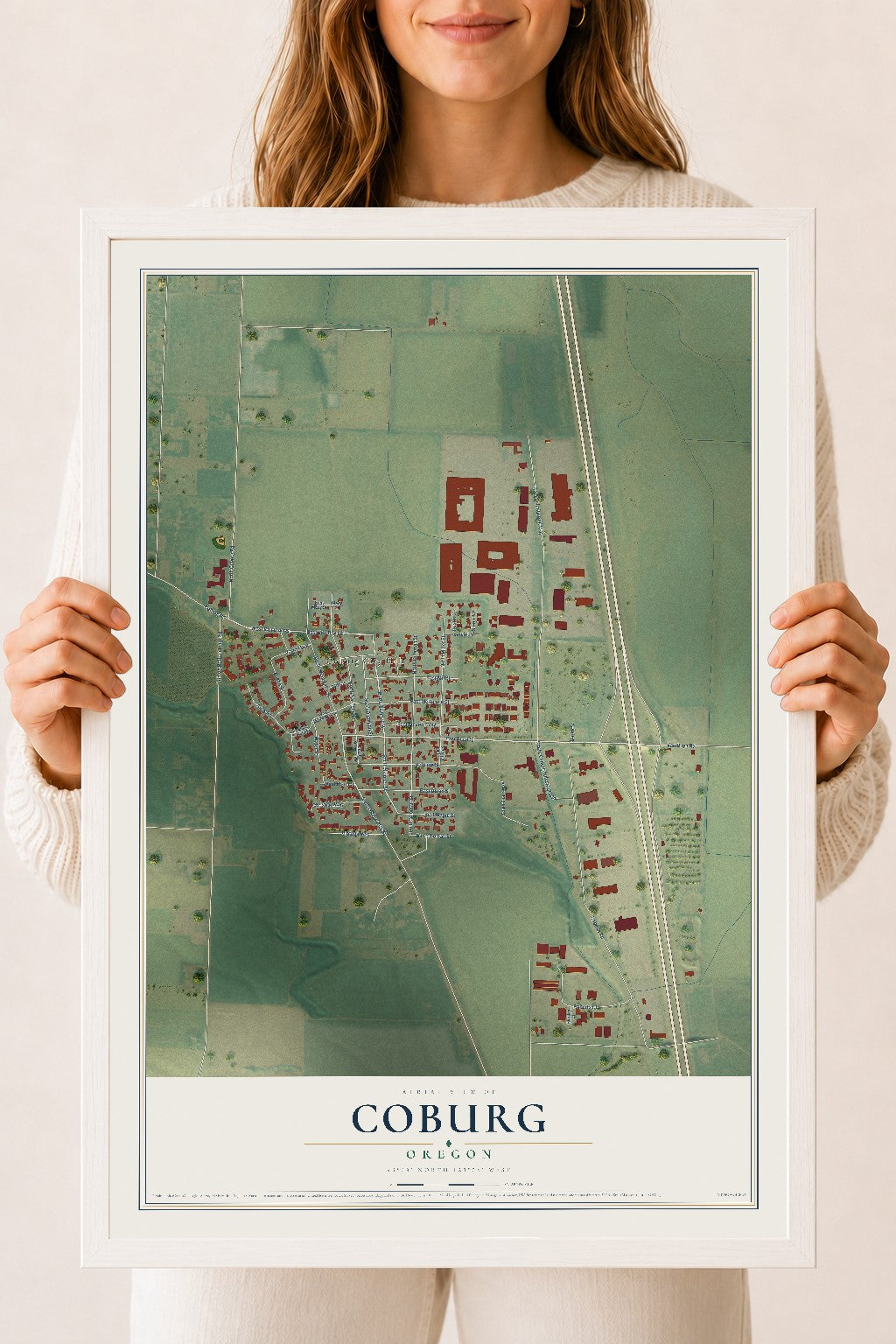 Map of Coburg, Oregon, 18 x 24 inch print in a white wood frame