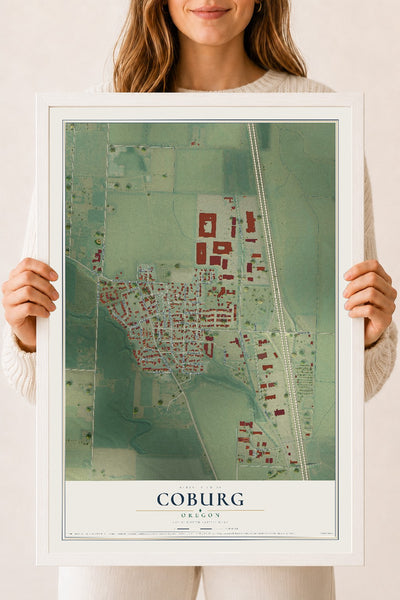 Map of Coburg, Oregon, 18 x 24 inch print in a white wood frame