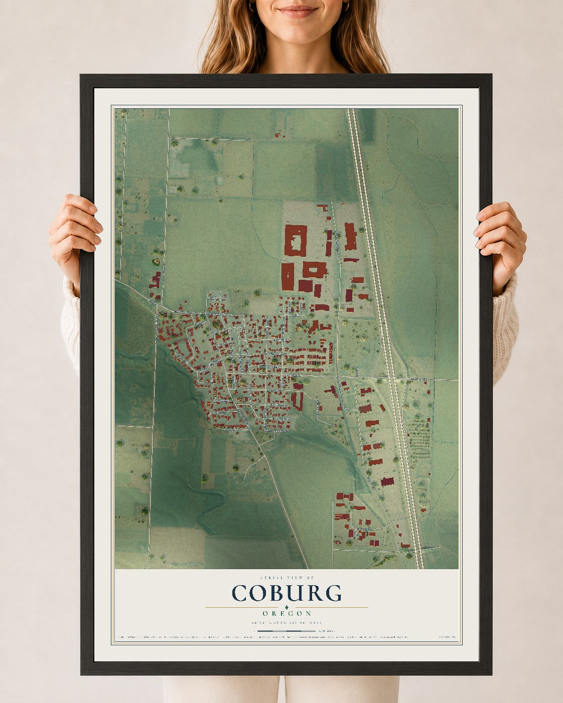 Map of Coburg, Oregon, 24 x 36 inch print in a black wood frame
