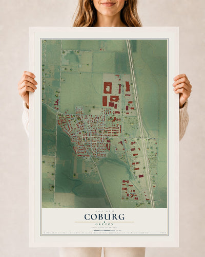 Map of Coburg, Oregon, 24 x 36 inch print in a white wood frame