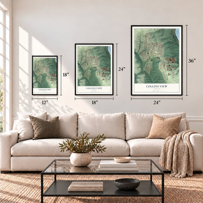 Collins View, Oregon map in 12 x 18, 18 x 24 and 24 x 36 inch sizes above a sofa