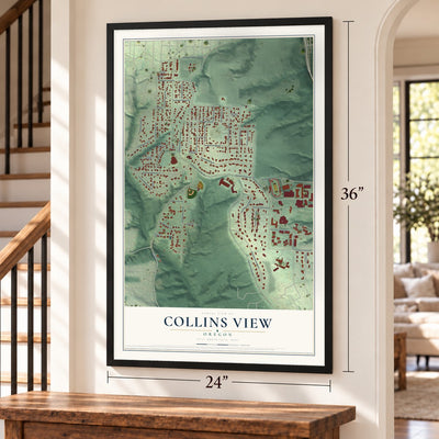 Collins View, Oregon map, 24 x 36 inch print in a black frame by a staircase