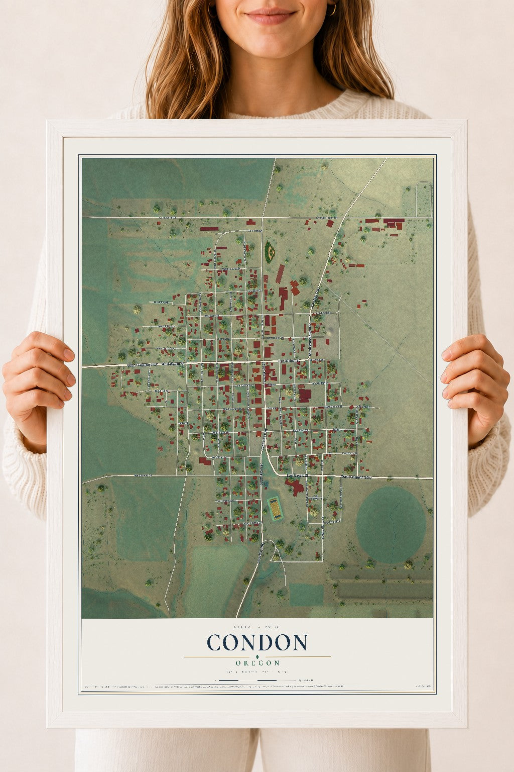 Map of Condon, Oregon, 18 x 24 inch print in a white wood frame