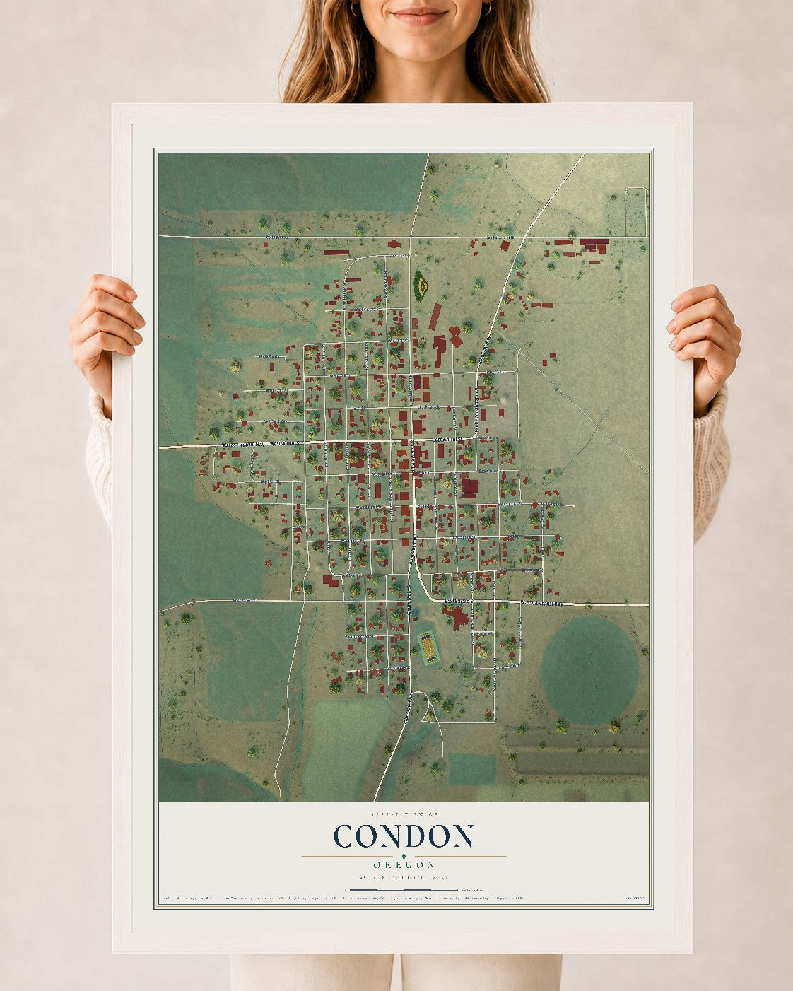 Map of Condon, Oregon, 24 x 36 inch print in a white wood frame