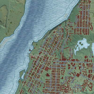 Second close-up of the map of Coos Bay, Oregon print showing more streets and buildings