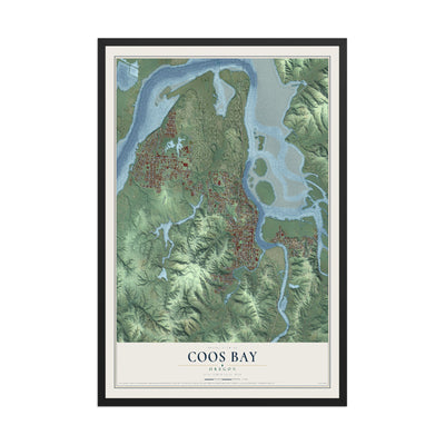 Map of Coos Bay, Oregon, 12 x 18 inch print in a black wood frame