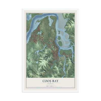 Map of Coos Bay, Oregon, 12 x 18 inch print in a white wood frame