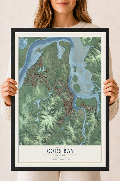 Map of Coos Bay, Oregon, 18 x 24 inch print in a black wood frame