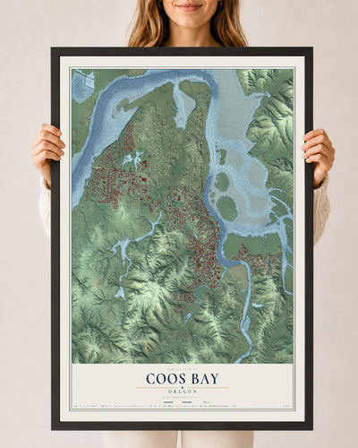 Map of Coos Bay, Oregon, 24 x 36 inch print in a black wood frame