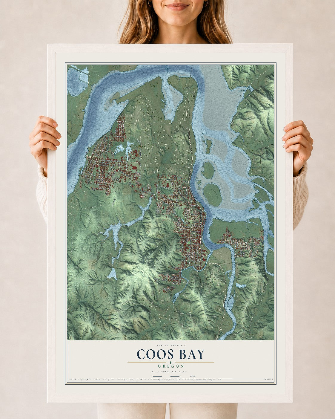 Map of Coos Bay, Oregon, 24 x 36 inch print in a white wood frame