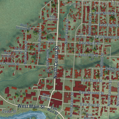 Close-up of the map of Coquille, Oregon print showing street and building detail