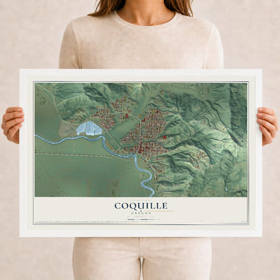 Map of Coquille, Oregon, 12 x 18 inch print in a white wood frame