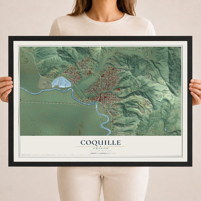 Map of Coquille, Oregon, 18 x 24 inch print in a black wood frame