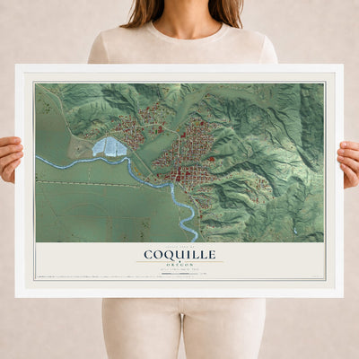 Map of Coquille, Oregon, 18 x 24 inch print in a white wood frame