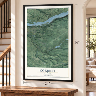 Corbett, Oregon map, 24 x 36 inch print in a black frame by a staircase