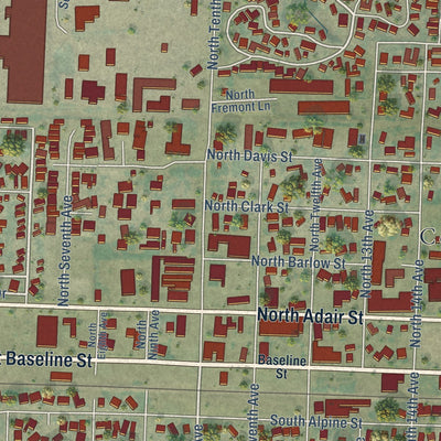 Close-up of the map of Cornelius, Oregon print showing street and building detail