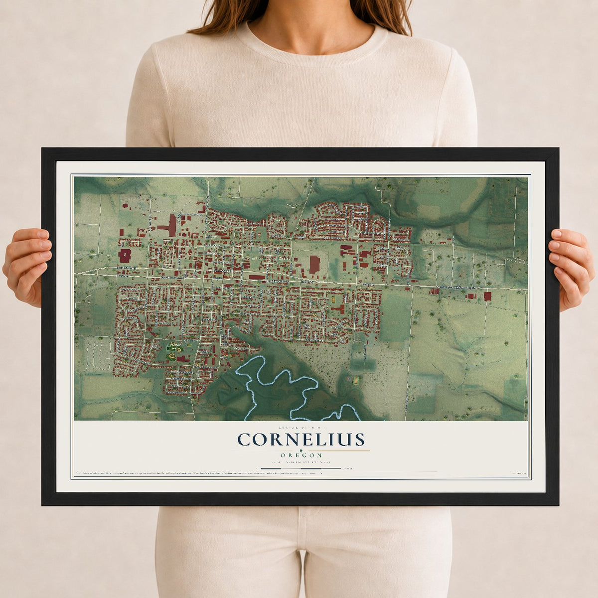 Map of Cornelius, Oregon, 12 x 18 inch print in a black wood frame