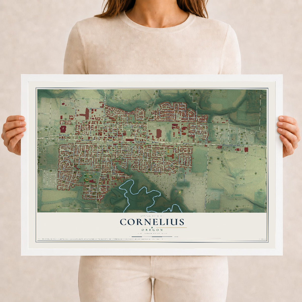 Map of Cornelius, Oregon, 12 x 18 inch print in a white wood frame