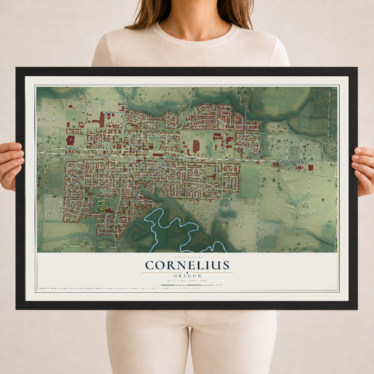 Map of Cornelius, Oregon, 18 x 24 inch print in a black wood frame