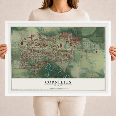 Map of Cornelius, Oregon, 18 x 24 inch print in a white wood frame