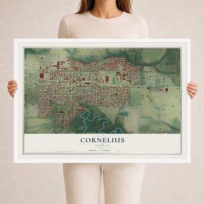 Map of Cornelius, Oregon, 24 x 36 inch print in a white wood frame
