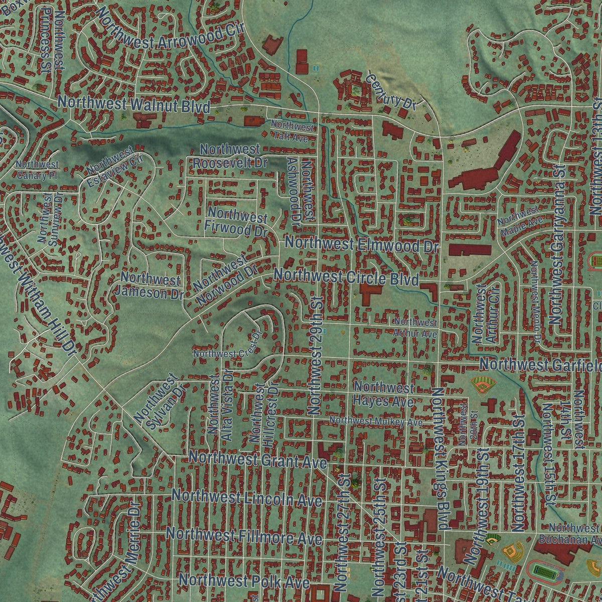 Close-up of the map of Corvallis, Oregon print showing street and building detail