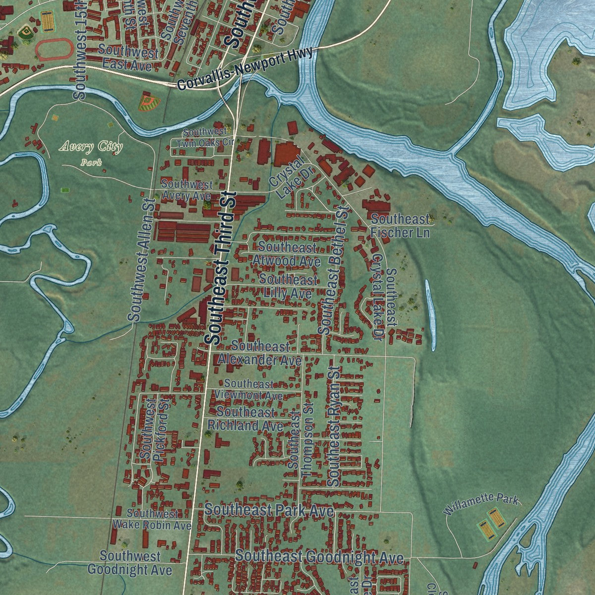 Second close-up of the map of Corvallis, Oregon print showing more streets and buildings