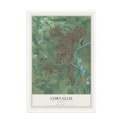 Map of Corvallis, Oregon, 12 x 18 inch print in a white wood frame