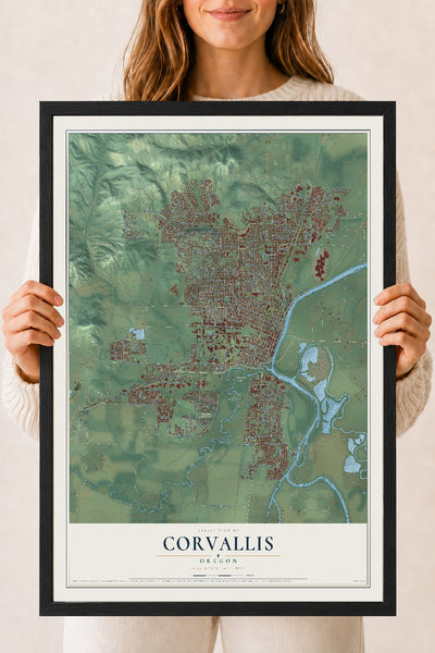 Map of Corvallis, Oregon, 18 x 24 inch print in a black wood frame