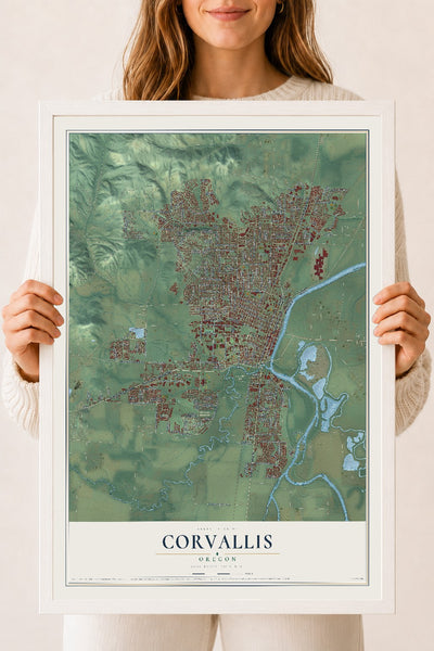 Map of Corvallis, Oregon, 18 x 24 inch print in a white wood frame