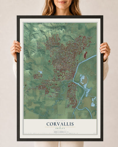Map of Corvallis, Oregon, 24 x 36 inch print in a black wood frame