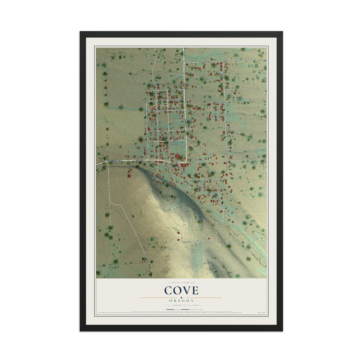 Map of Cove, Oregon, 12 x 18 inch print in a black wood frame