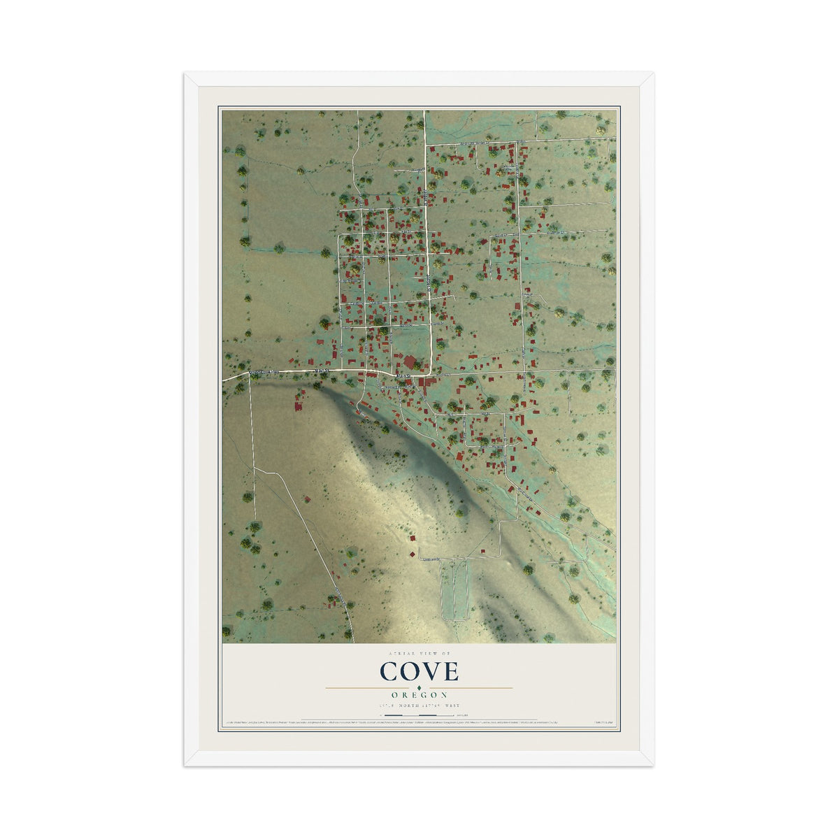 Map of Cove, Oregon, 12 x 18 inch print in a white wood frame